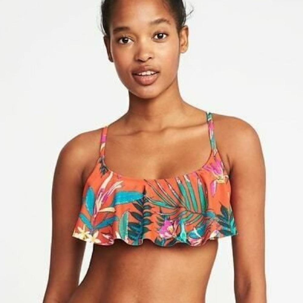 Old Navy Orange Floral Flounce Bikini Top